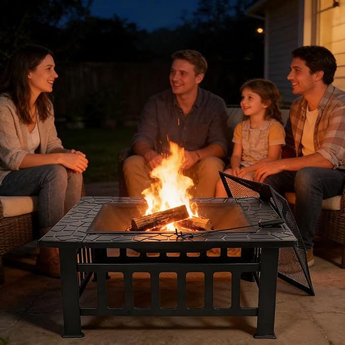 ZENY 32 inch Outdoor Fire Pit with Grill for Outside Wood Burning Square Metal Outside Fireplaces Spark Screen and Poker Included for Backyard Patio Camping Bonfire
