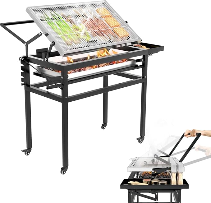 Charcoal Flip Grill for BBQ Black Barbecue Grills for Outdoor Camping Portable Tabletop Charcoal Grill with 360 Degrees Reversible Cooking Grid Removable Tray Adjustable Steel Frame