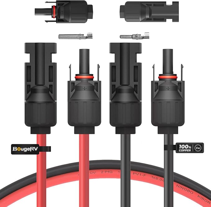 BougeRV 30 Feet 10AWG Solar Extension Cable with Solar Connector on Both End with Extra Pair of Connectors Solar Panel Adaptor Kit Tool (30FT Red + 30FT Black)