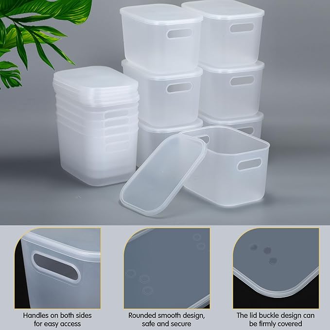 Thyle 12 Pack 7 Quarts Plastic Storage Bins Stackable Baskets with Lid and Handle with Label Colorful Desktop Box Toy Containers for Classroom Shelf Bedroom 10 x 7 x 6 Inch (Translucent)