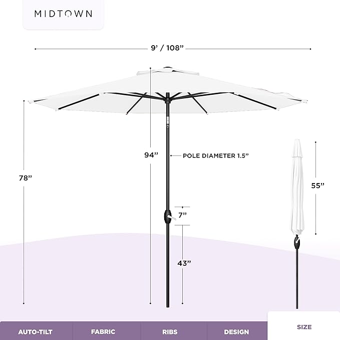 Midtown Umbrellas - 10-Year-No-Fade 9 Ft Patio Umbrella with Terylast Fabric Auto-Tilt Aluminum Frame and 8 Reinforced Ribs for Deck Pool Garden &amp Beach - Ivory White Canopy Black Pole