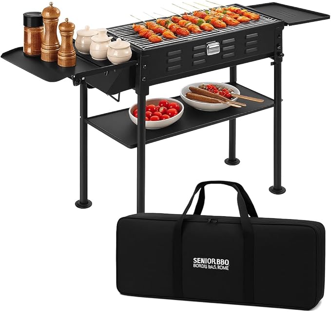 comzenz 35’’ Portable Charcoal Grill Folding BBQ Grill for Outdoor Grilling Cooking Camping Hiking Picnics Tailgating Backpacking Party With Storage Bag &amp Non-Stick Frying Pan Matte Black