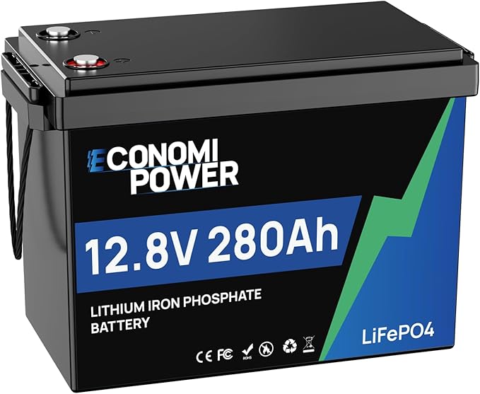 12V 280Ah LiFePO4 Lithium Battery Sheet Metal Reinforced Internal Frame 200A BMS 8000+ Deep Cycle Rechargeable for RV Solar Marine Trolling Motor Off-Grid