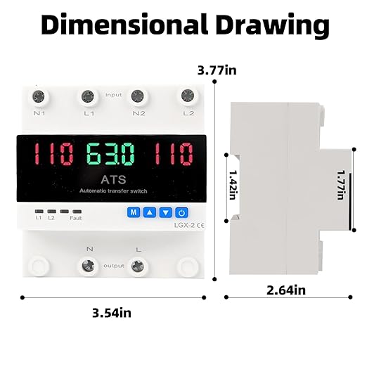 63A 2P Dual Power Automatic Transfer Switch 110V Adjustable Emergency Generator Transfer Switch with LED Display 50HZ/60HZ ATS for Generator and Backup Power
