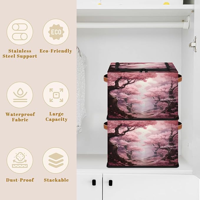 KOBLEN Pink Cherry Blossoms Storage Basket Collapsible Rectangular Storage Bins with Zipper Lid Handle Closet Shelf Cloth Organizer Basket for Nursery Bedroom Clothes Toy