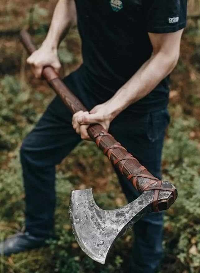 Two Handed 38 Inch Long Custom Hand Forged Carbon Steel Medieval Axe Forged Axe Leather Engraving On Handle Hatchet with Leather Sheath Best for Hunting Camping Wood Cutting Gift for Him
