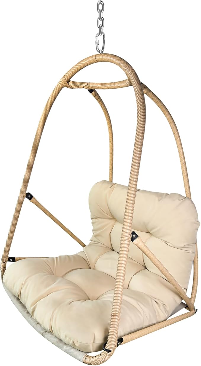 Without Stand Swing Egg Chair Indoor Outdoor Wicker Rattan Patio Basket Hanging Chair with C Type Bracket with Cushion and PillowPatio Wicker Folding Hanging Chair(Special Construction Cup Holder