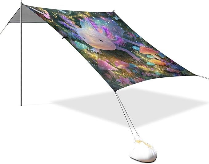 ALAZA Rainbow Salamander Axolotl Butterfly Beach Tent Sun Shelter UPF50+ Protection Beach Shade Canopy w/ 4 Sandbags for Outdoor Camping Fishing Backyard Fun Picnic 10x9 ft