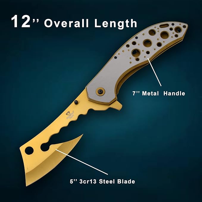 Snake Eye Tactical 12 Jumbo Huge Heavy Duty Ultra Smooth One Hand Opening Folding Pocket Knife Limited Edition Collectors Knife - Ideal for Recreational Work Hiking Camping (Gold)