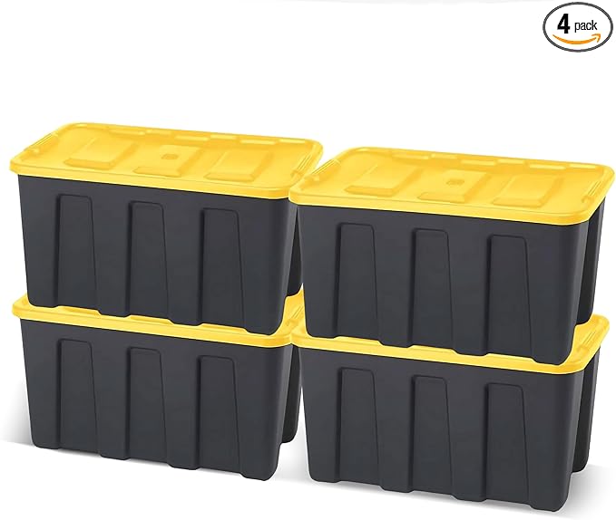 HOMZ 4-Pack Durabilt Tote Heavy Duty Plastic Storage Bins with Lids 34 Gallon Black/Yellow - Stackable Organizing Containers for Home Garage and Office