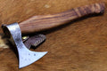 Damascus Depot Tomahawk Axe Bearded Hiking Battle Axe 15 Inches Long Hand Hammered Carbon Steel Axe with Rose Wood Round Handle Thick Cow Hide Leather Sheath