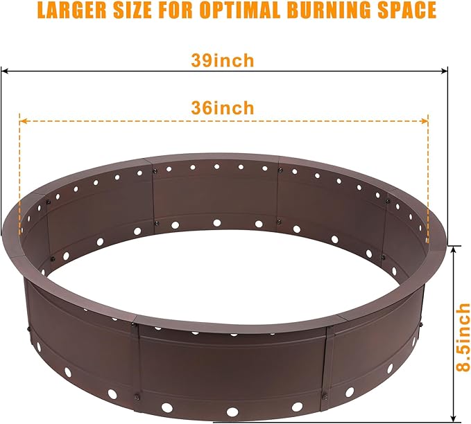 36 Inch Fire Pit Ring Large Outdoor Campfire Pit for Patio Backyard Garden Smokeless Steel Firepit with Air Vent for Efficient Burning &amp Anti-Rust Coating Brown Steel
