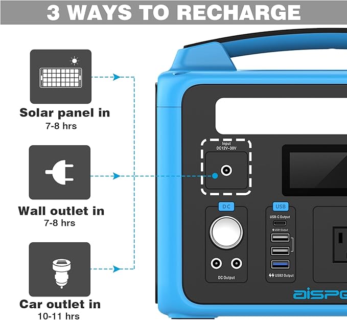 Portable Power Station 640Wh AISPEX Solar Generator with Jumper Starter 110V/600W Pure Sine Wave AC Outlet PD 60W Lifepo4 Battery Power Stations for Home Backup RV/VAN Camping Travel Emergency