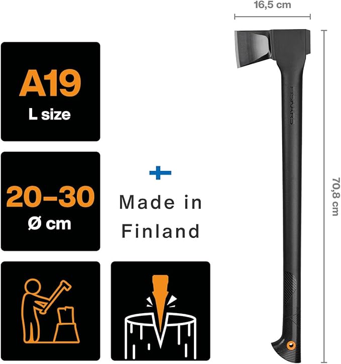Fiskars Splitting Axe L Solid with Blade and Transport Protection Non-Stick Coating Steel Blade/Fibreglass Reinforced Plastic Handle Black/Orange A19 Length: 65 cm 1.6 kg 1052044