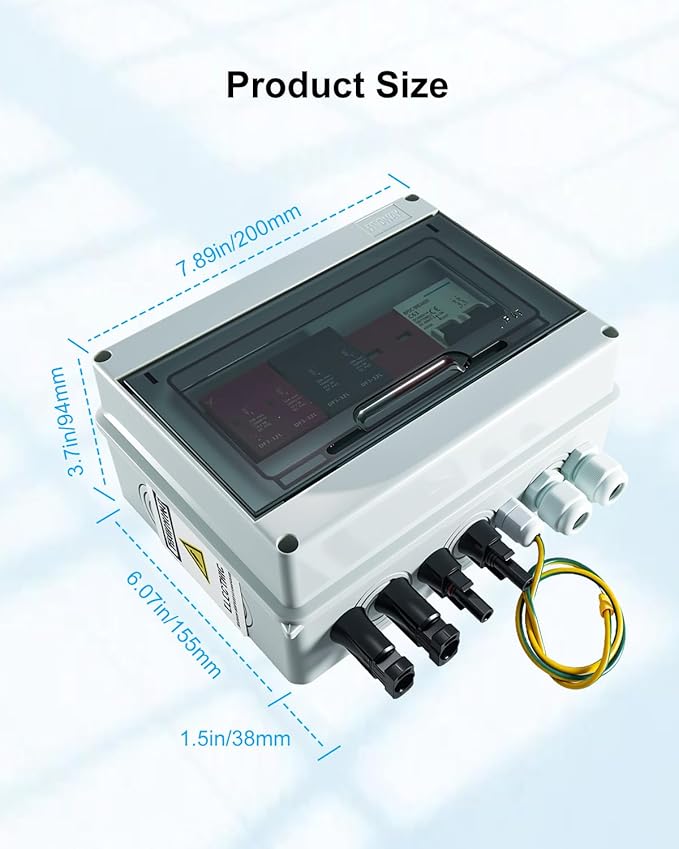 600V Solar DC PV Combiner Box 2 String with Lightning Arrester Connector for On/Off Grid Solar Panel System 2 Input 2 Out 32A Fuse 63A Circuit Breaker Waterproof ABS Enclosure