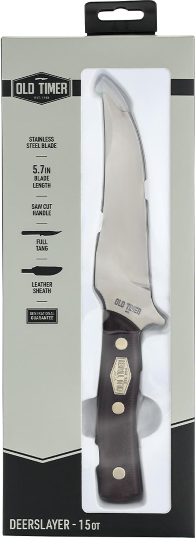 Old Timer 15OT Deerslayer 10.5in High Carbon S.S. Full Tang Fixed Blade Knife with 5.6in Clip Point Blade Black Sawcut Handle and Leather Belt Sheath for Hunting Camping Skinning EDC and Outdoor