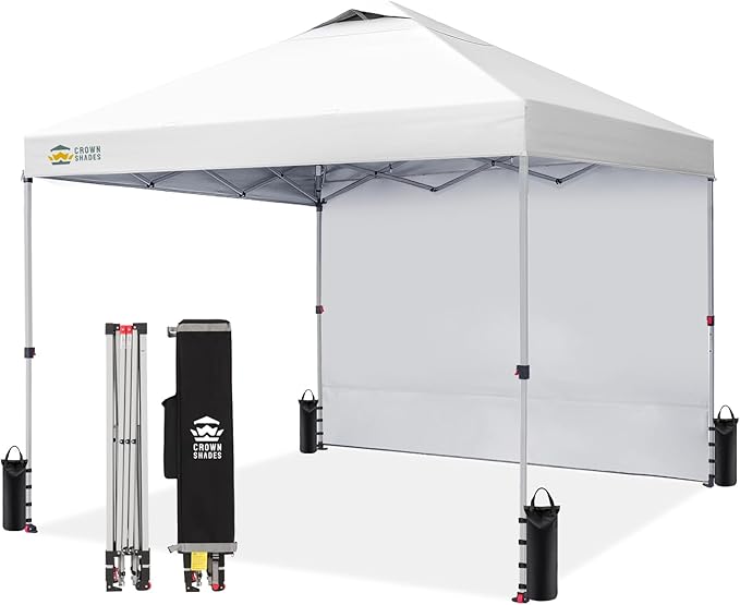 CROWN SHADES 12x12 Pop Up Canopy Tent Instant Commercial with 150D Silver Coated Fabric Including 1 Removable Sidewall 4 Ropes 8 Stakes Weight Bags STO 'N Go Bag White
