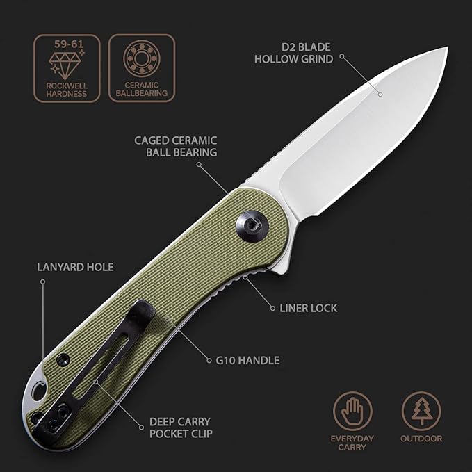 CIVIVI Knives Elementum Folding Pocket Knife 2.96 D2 Satin BladeG-10 Handles C907E (Green)