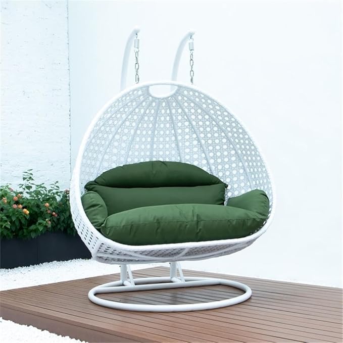 LeisureMod 2 Person Hanging Egg Chair Indoor Outdoor Patio Lounge Swing with White Stand &amp UV-Resistant Cushions Hammock Chair for Bedroom &amp Garden Dark Green