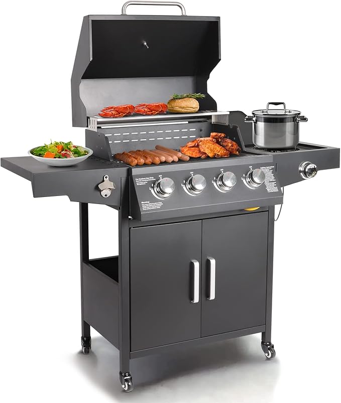 Propane Gas Grill 4 Burners with Side Burner Freestanding Grill Cart with Wheels for Outdoor Garden Cooking Barbecue Grill Black