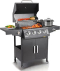 Propane Gas Grill 4 Burners with Side Burner Freestanding Grill Cart with Wheels for Outdoor Garden Cooking Barbecue Grill Black