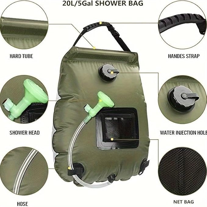 5 Gallon Solar Power Thermal Camping Shower - Enjoy Instant Warmth On-The-Go! Portable Bath Bag with Detachable Hose &amp Adjustable Showerhead Perfect for Outdoor Adventures Hiking Beach Swimmin