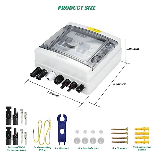 2 in 1 Out Solar Combiner BoxPV Combiner Box with 20A PV FuseDC 40A Circuit Breaker and Surge ProtectorIP65 Solar Disconnect Switch Box for Indoor Outdoor Solar Panel System (2 in 1 Out 20A 500V)