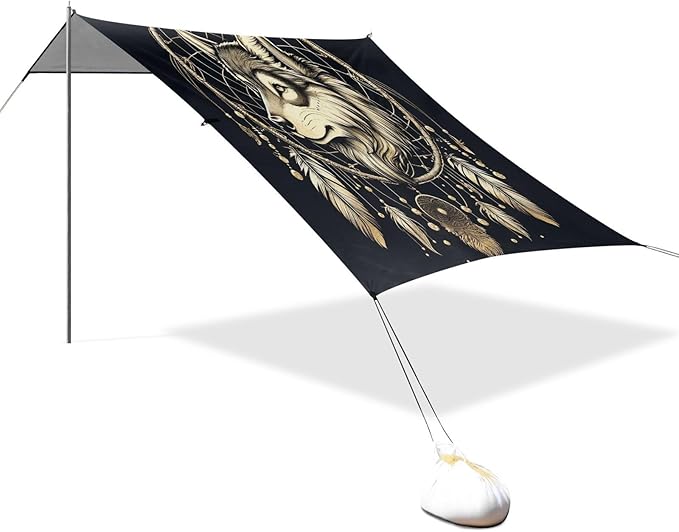 ALAZA Wolf Dream Catcher Boho Beach Tent Sun Shelter UPF50+ Protection Beach Shade Canopy w/ 4 Sandbags for Outdoor Camping Fishing Backyard Fun Picnic 10x9 ft