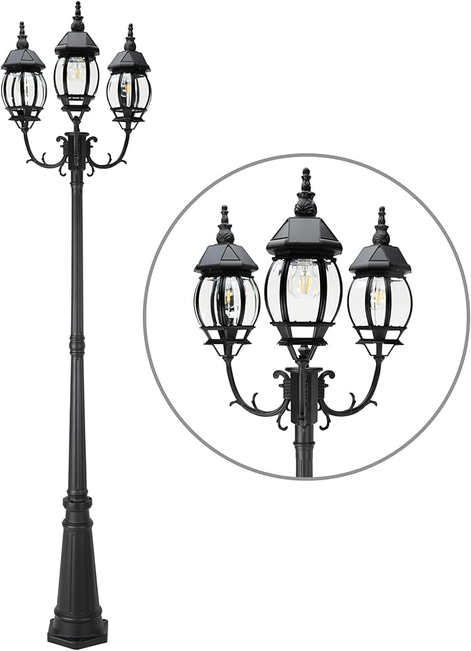 LUTEC Outdoor Solar Post Light with Triple-Head Dusk to Dawn Lamp Post for Lawn Pathway Garden Black Aluminium Vintage Street Light with Clear Glass Panels (Bulbs Included)