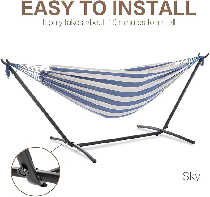 PNAEUT Double Hammocks with Stand for Outside Portable Space Saving Heavy-Duty Steel Stand for Indoor Outdoor Patio with Carrying Bag 450 lbs Capacity (Sky)
