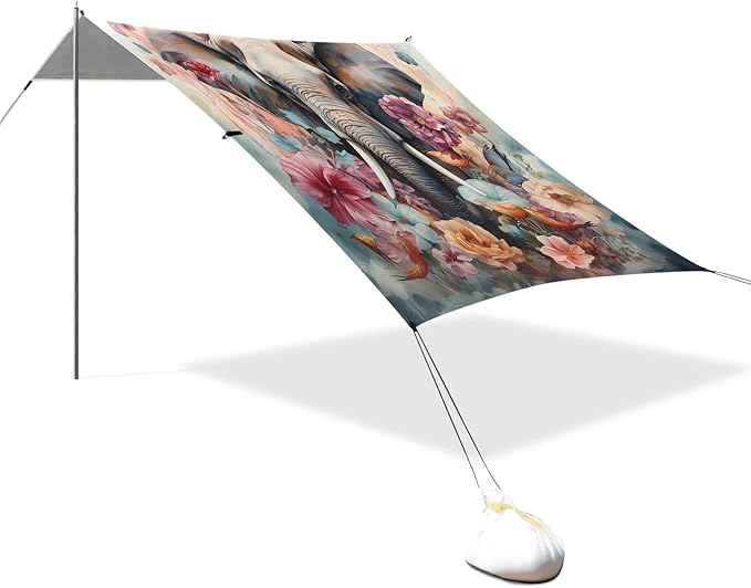 ALAZA Elephant Flowers Waterdolor Beach Tent Sun Shelter UPF50+ Protection Beach Shade Canopy w/ 4 Sandbags for Outdoor Camping Fishing Backyard Fun Picnic 10x9 ft