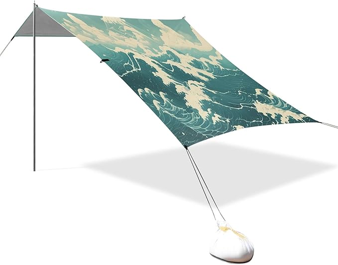 Waves Beach Canopy Sun Shelter with Sandbags &amp Sand Shovel &amp Windproof Ropes - Portable 110x126 Beach Shade Beach Tent for Camping Picnics