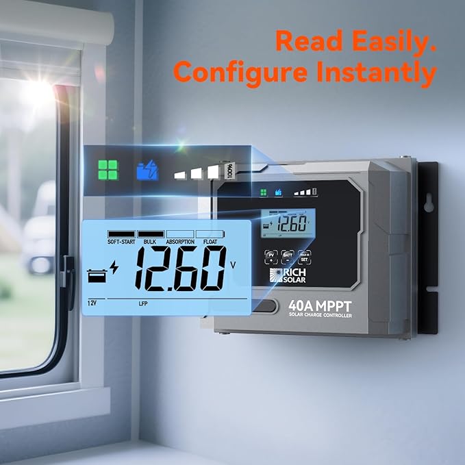 RICH SOLAR Bravo 40 | 40A MPPT Solar Charge Controller with Bluetooth – 12V/24V Auto-Detect Lithium &amp Lead-Acid Battery Support for RVs Campers &amp Off-Grid Systems