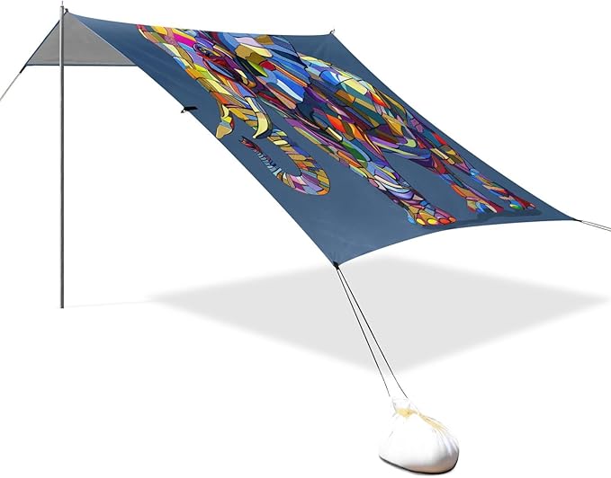 ALAZA Mosaic Elephant Rainbow Color Beach Tent Sun Shelter UPF50+ Protection Beach Shade Canopy w/ 4 Sandbags for Outdoor Camping Fishing Backyard Fun Picnic 10x9 ft