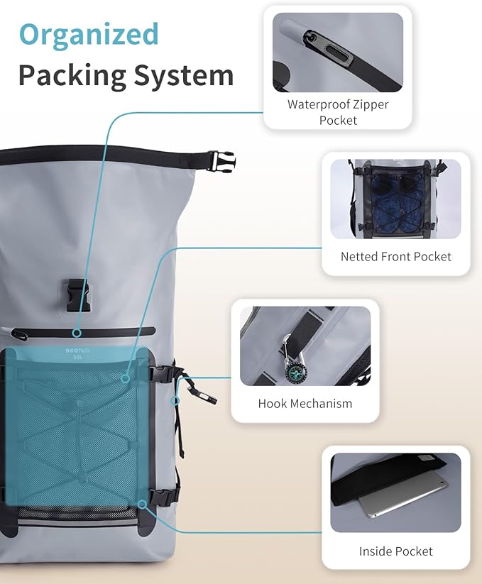 ECOHUB Waterproof Backpack for Women Men 30L Roll-Top Closure Heavy Duty Dry Bag for Travel with IPX8 Waterproof Phone Case