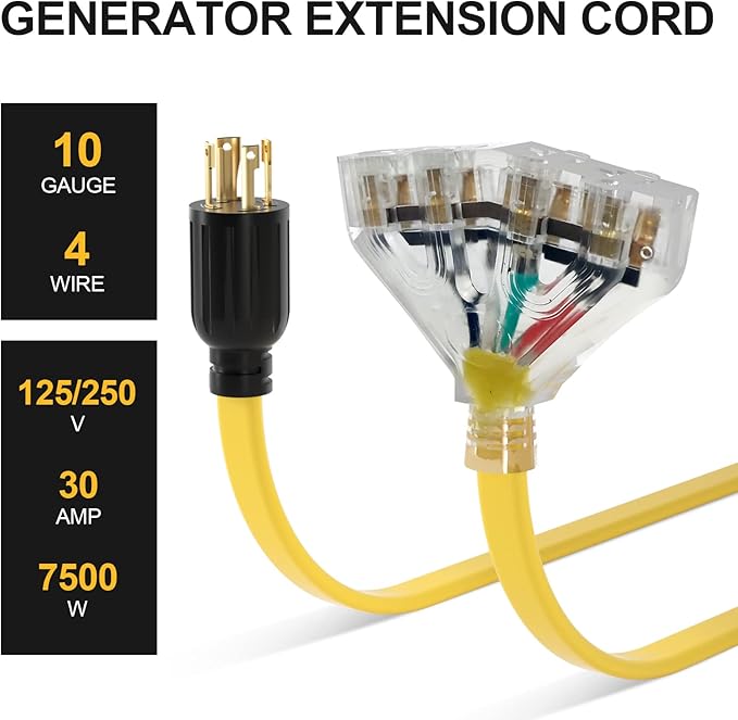 ACKING 30 Amp NEMA L14-30/Four 5-20R Generator Locking Cord 4-Prong 10 Gauge Cord to Household CableGenerator Adapter 125/250V 30 Amp 7500 Watts UL Listed 1.5FT
