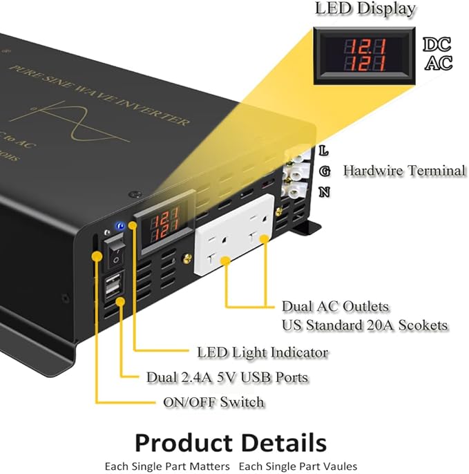 5000Watt Pure Sine Wave Power Inverter 12VDC to 120VAC 10KW Peak Built-in Soft Starter Dual AC Outlets 2× 2.4A USB Port &ampHardwire Terminal Off-Grid Solar Converter RV Trucks (U5-500012)