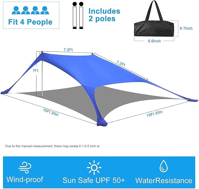 YUEWO Beach Canopy Sun Shade with UPF 50+ UV Protection Beach Tent Sun Shelter with Sandbags Poles and Ground Pegs Anti-Wind Ropes Outdoor Pop Up Tent for Camping Backyard and Picnics