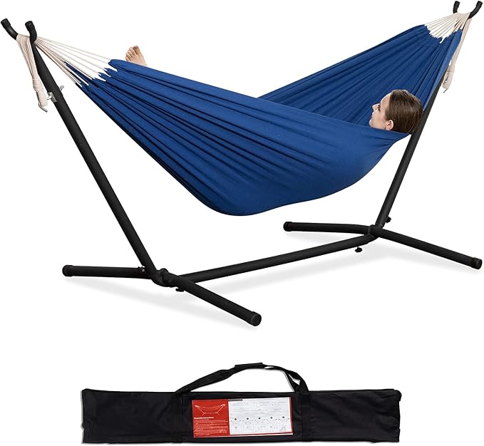 PNAEUT Double Hammocks with Stand for Outside Portable Space Saving Heavy-Duty Steel Stand for Indoor Outdoor Patio with Carrying Bag 450 lbs Capacity (Navy)