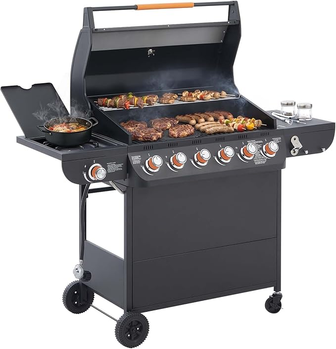 6-Burner Propane Gas BBQ Grill with Side Burner 72000 BTU Stainless Steel Barbecue Grill with Cast Iron Grates and Side Table for Outdoor Cooking Kitchen Patio