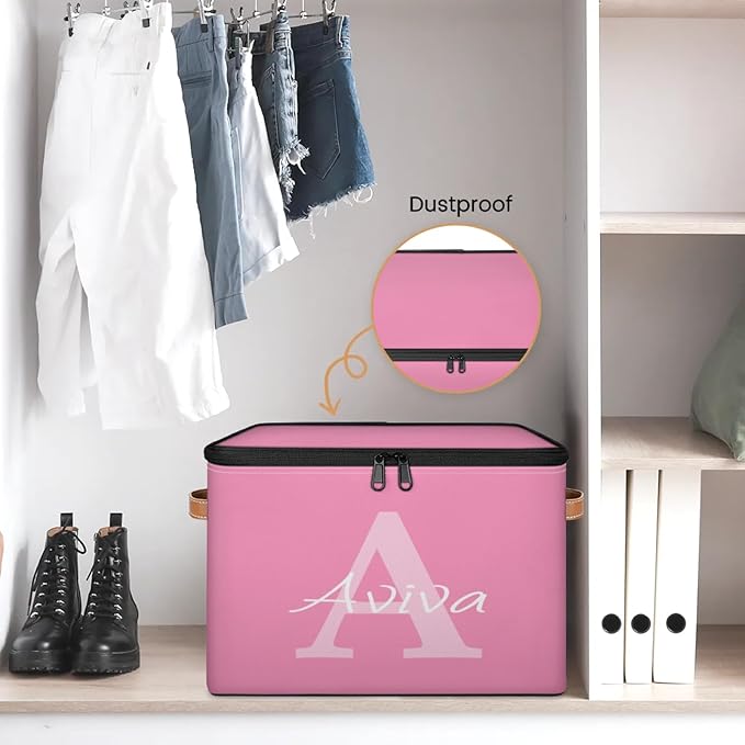 Customized Storage Basket with Initial Name Personalized Keepsake Box with Zipper Lid Foldable Fabric Memory Bin Large capacity with Handle Pink