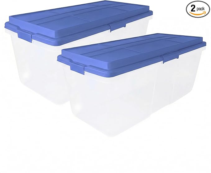 (2 Pack) 113 Quart Clear Storage Bin with Smoke Blue Lid Heavy-Duty Stackable Storage Container with Secure Latches for Home Garage Attic Closet Organization
