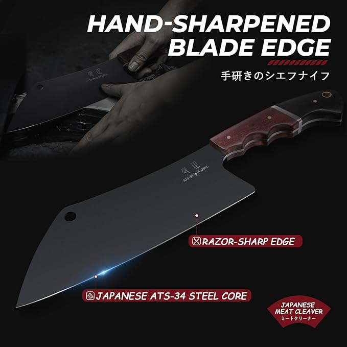 Meat Cleaver Knife 8inch - Black Butcher Knife for Meat Cutting Japanese High Carbon Steel Vegetable Cleaver for Chopping Kitchen Cooking Knife with Wooden Handle Gift for Men