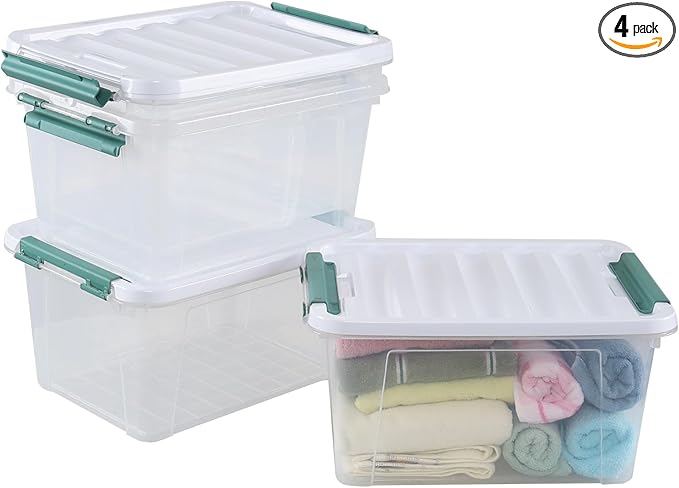 Jekiyo 4 Packs Large Latching Container Box 20 Quart Plastic Storage Bin