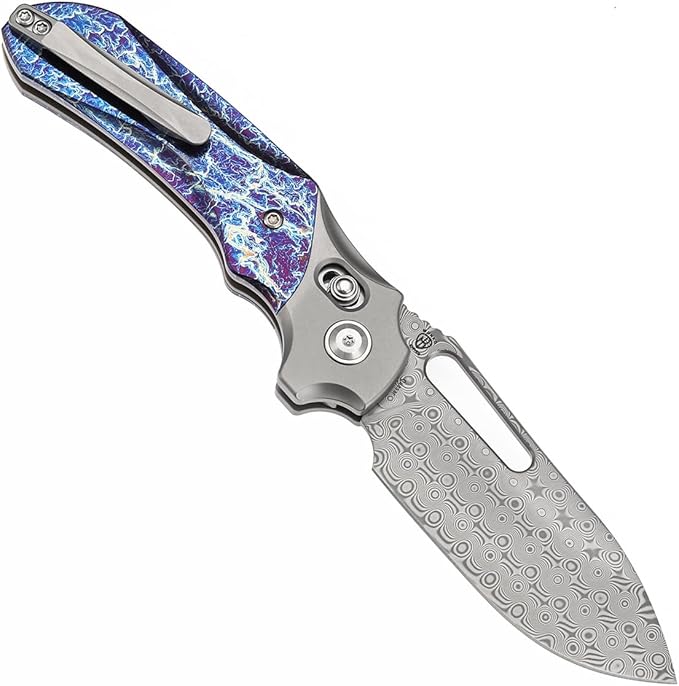 KANSEPT Quasar Pocket Knife 3.38'' Damascus Sharp Steel Blade Titanium Inlay Lightning Strike Finish Handle Cross Bar Lock Folding with Elongated Thumb Hole for Edc Camping Hiking Knives K1099V3