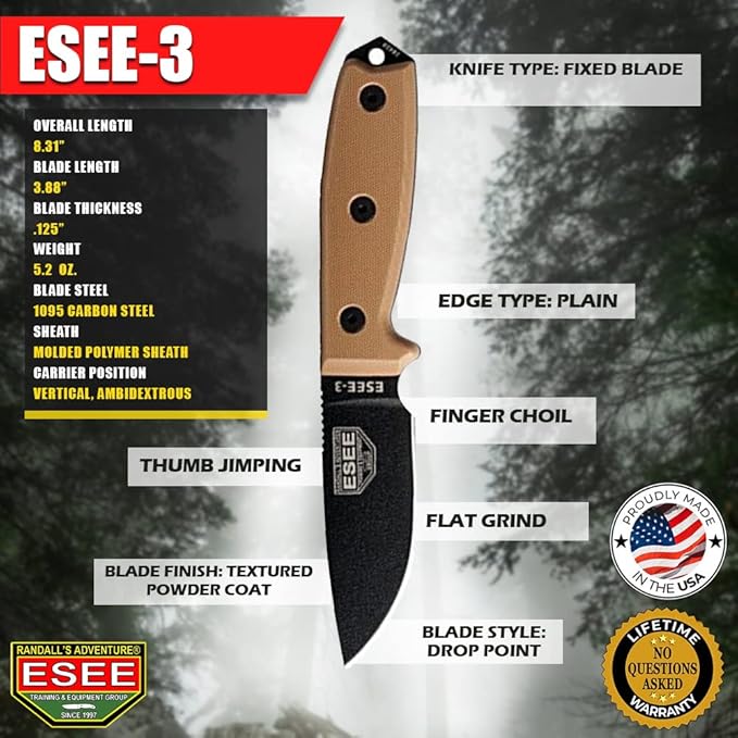 ESEE Knives 3P Fixed Blade Knife with Molded Polymer Sheath
