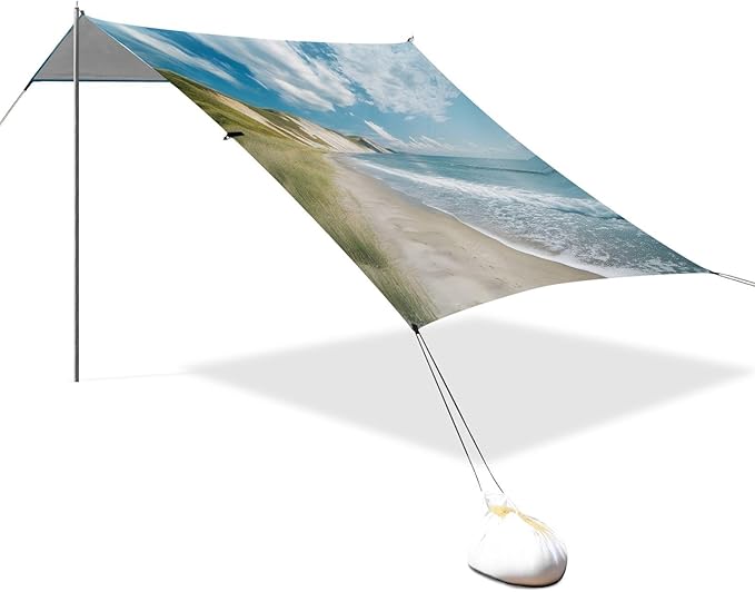 Seacoast Landscape Beach Tent Sun Shelter Set UPF50+ UV Protection 10.5 x 9.19 FT Camping Shade Canopy with Sandbags Sand Anchors Carrying Bag and Others