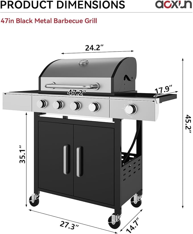 Aoxun 4-Burner Propane Grill with Side Burner 49000 BTU Gas Grill Stainless Steel Outdoor Grill with Cast Iron Grates &amp Side Tables for Backyard Patio CampingBlack