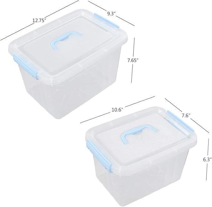 Hespama 2 Pack Lidded Storage Bin Plastic Latching Container Box with Handle 12 Quart &amp 6 Quart