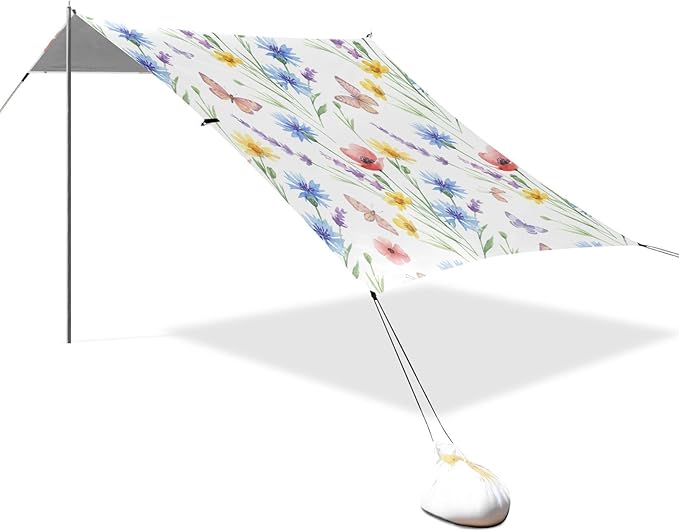 xigua Wildflowers Beach Tent Sun Shelter with Carrying Bag - Silver Coated Oxford Fabric Beach Canopy for Beach Camping Fishing - Includes Windproof Ropes Sandbags &amp Stakes